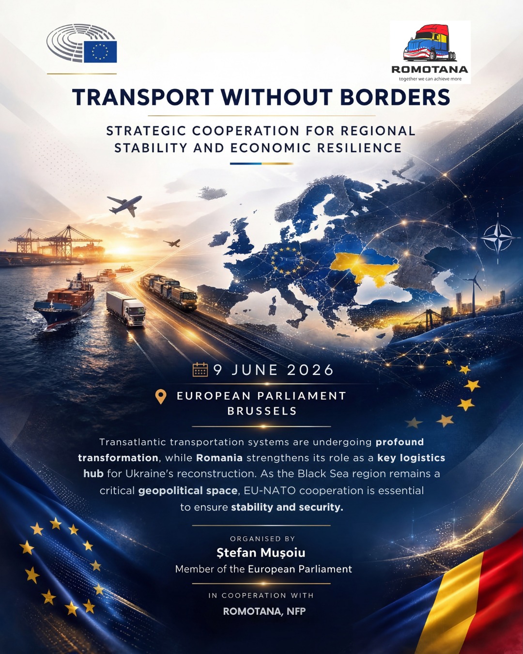 Viitorul transportului global Bruxelles găzduiește summit-ul de elită „TRANSPORT WITHOUT BORDERS – 2026”-afis